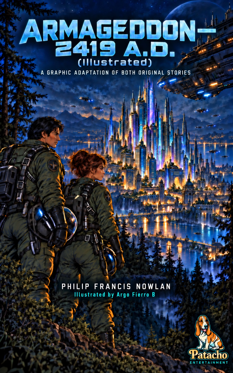 Armageddon—2419 A.D. illustrated cover: Anthony Rogers and Wilma overlook a luminous future city beneath airborne warships.