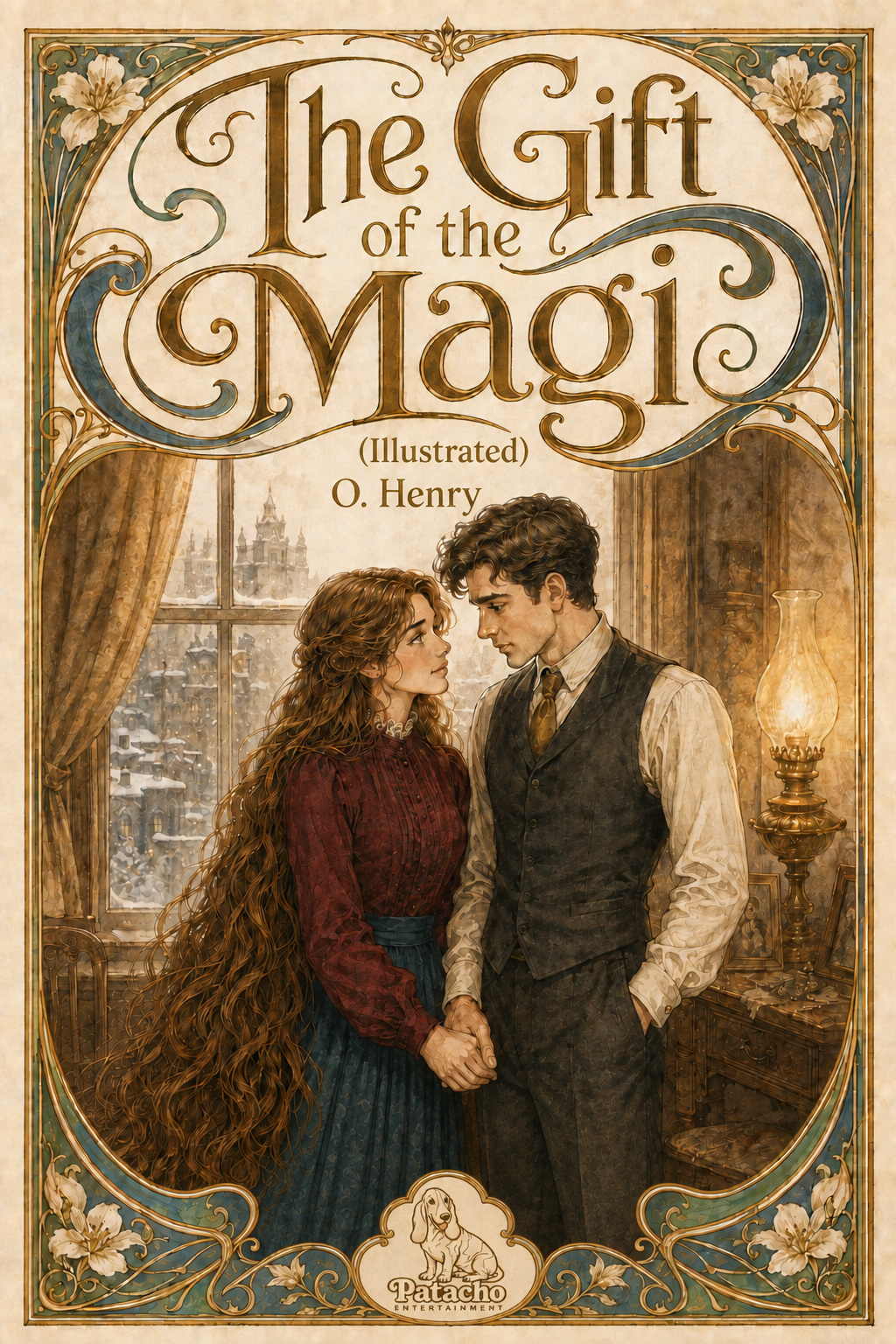 The Gift of the Magi illustrated cover: Della and Jim together in a room framed by ornate gold and green lettering.