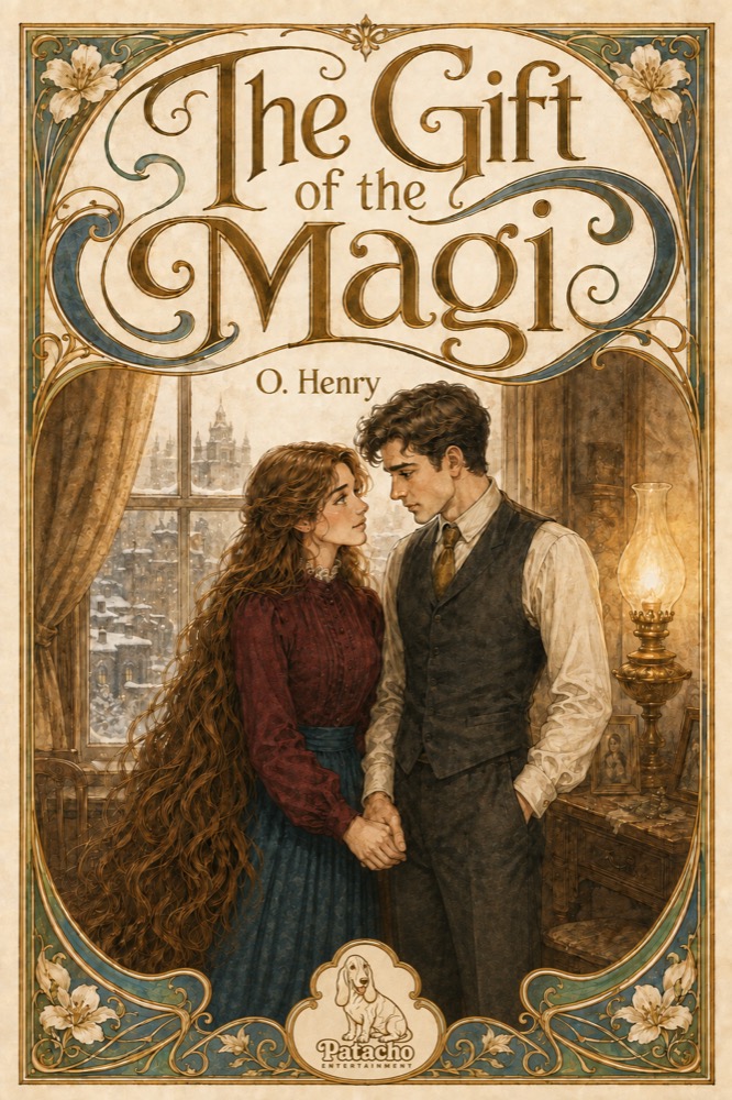 The Gift of the Magi cover: Della and Jim in a warmly lit room, with the Patacho imprint