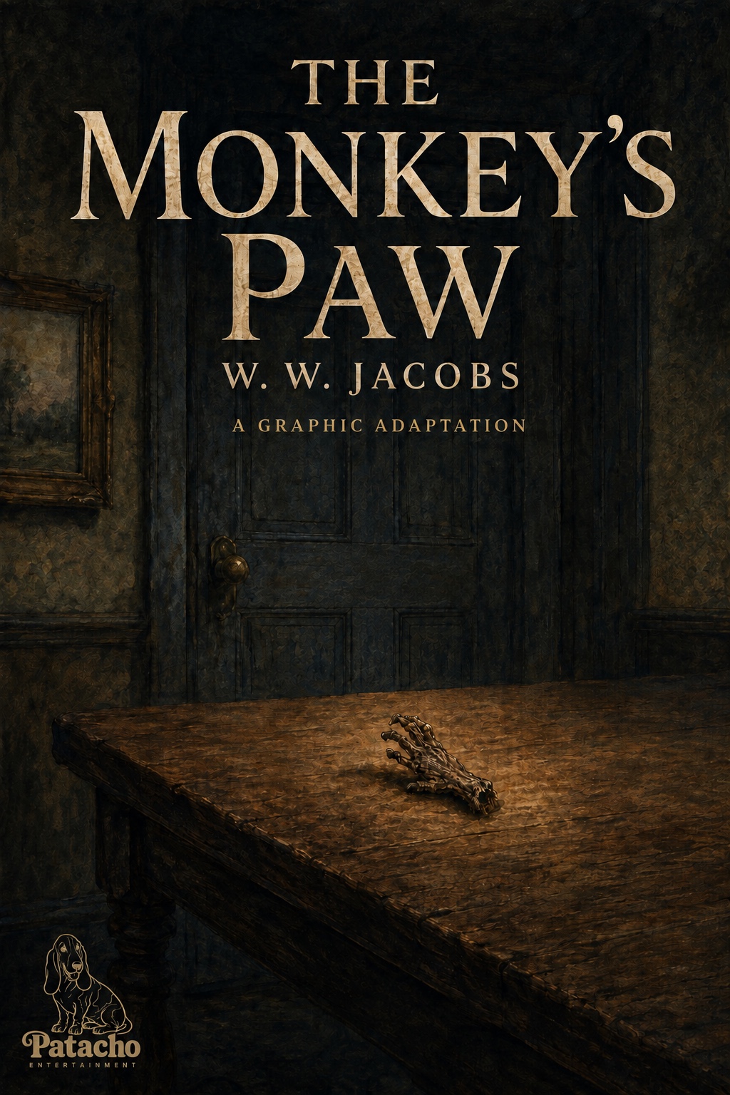 The Monkey’s Paw graphic adaptation cover: a shriveled paw lies on a table in a dark room.
