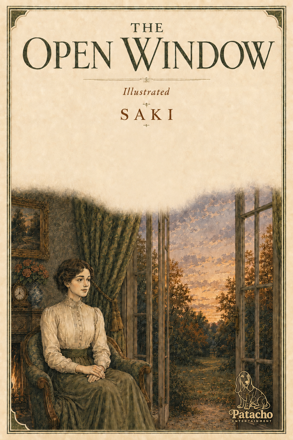 The Open Window illustrated cover: Vera sits beside an open window in a softly lit Edwardian room.