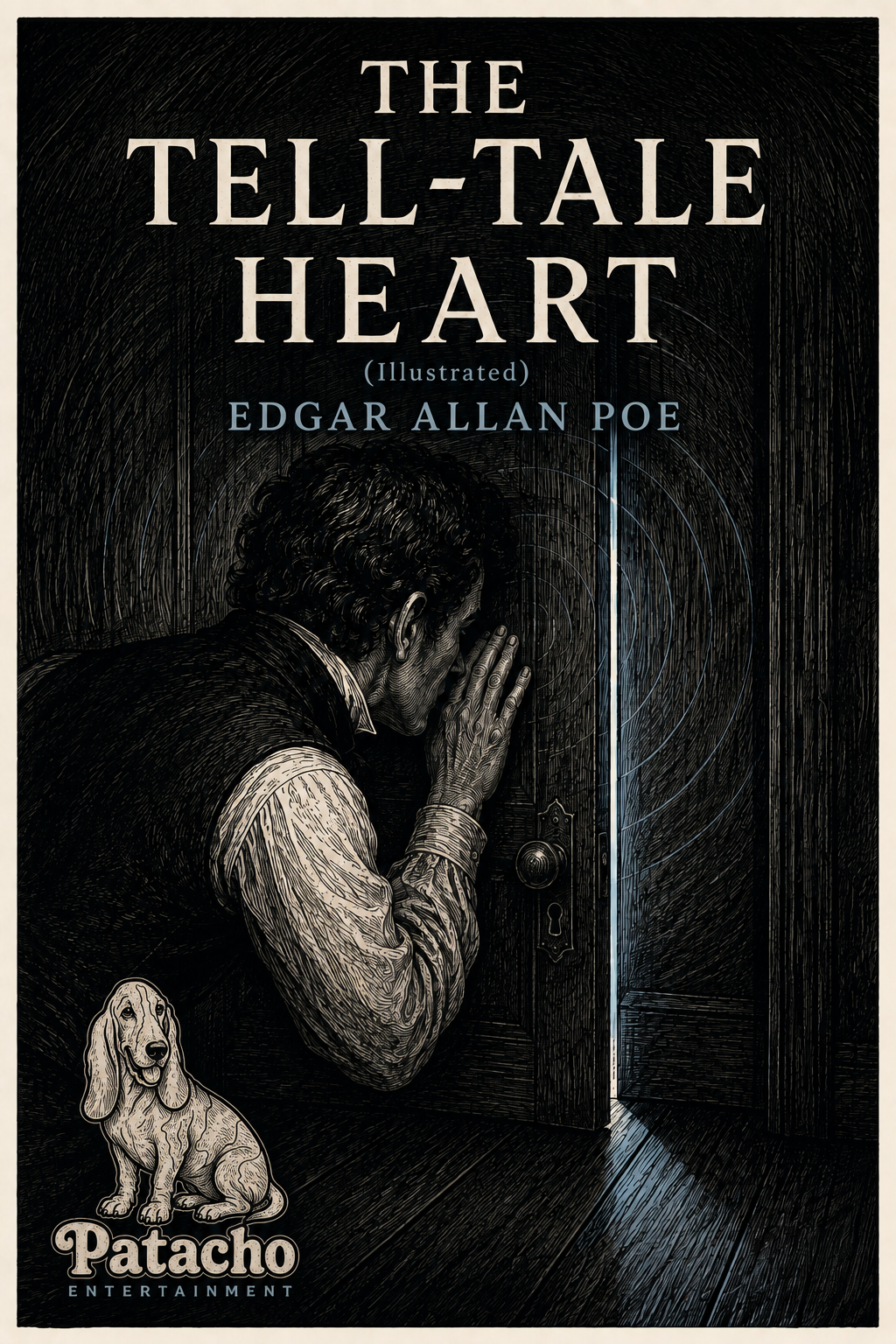 The Tell-Tale Heart illustrated cover: a distressed man beside a partly open door, drawn in black ink.